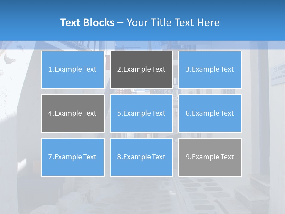 A Narrow Street With White Buildings And Blue Shutters PowerPoint Template