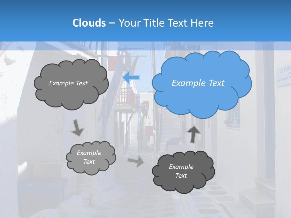 A Narrow Street With White Buildings And Blue Shutters PowerPoint Template