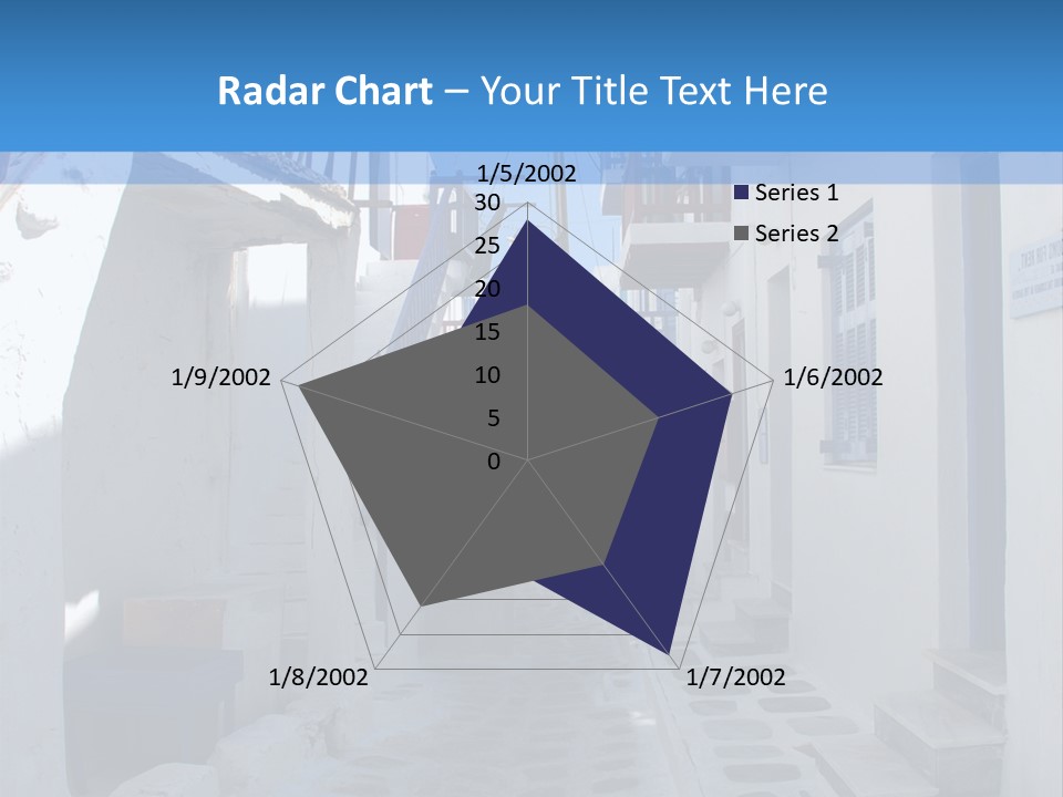 A Narrow Street With White Buildings And Blue Shutters PowerPoint Template