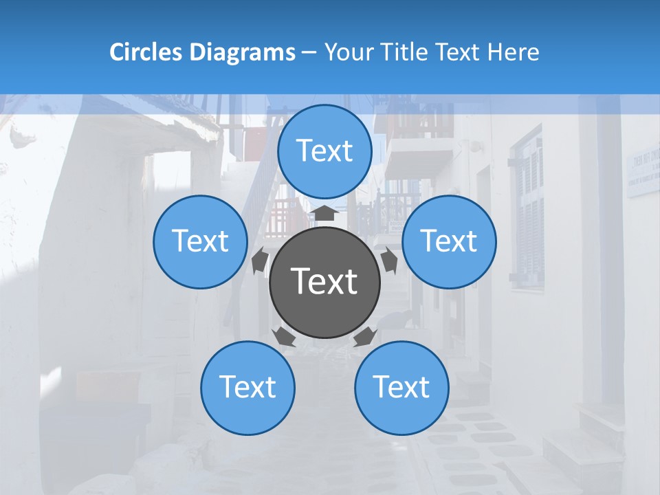 A Narrow Street With White Buildings And Blue Shutters PowerPoint Template