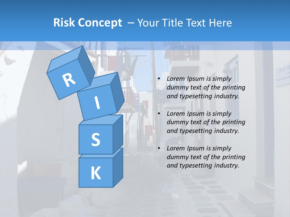 A Narrow Street With White Buildings And Blue Shutters PowerPoint Template