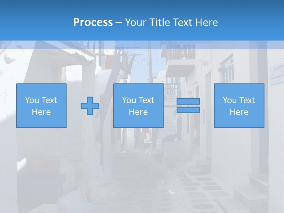 A Narrow Street With White Buildings And Blue Shutters PowerPoint Template