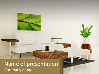 A Living Room With A White Couch And A Coffee Table PowerPoint Template