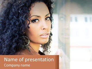 A Woman With Curly Hair Is Looking Out A Window PowerPoint Template