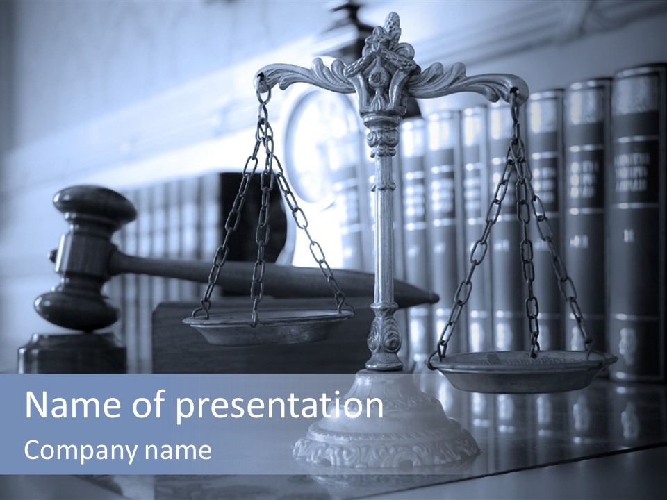 A Scale Of Justice On A Table With Books In The Background PowerPoint Template