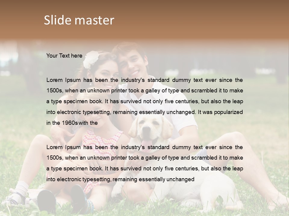 A Family Sitting In The Grass With A Dog PowerPoint Template