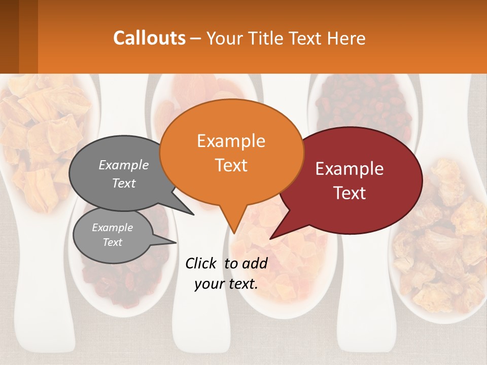 Four Spoons Filled With Different Types Of Food PowerPoint Template