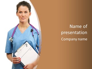 A Woman Doctor In Scrubs Holding A Clipboard PowerPoint Template
