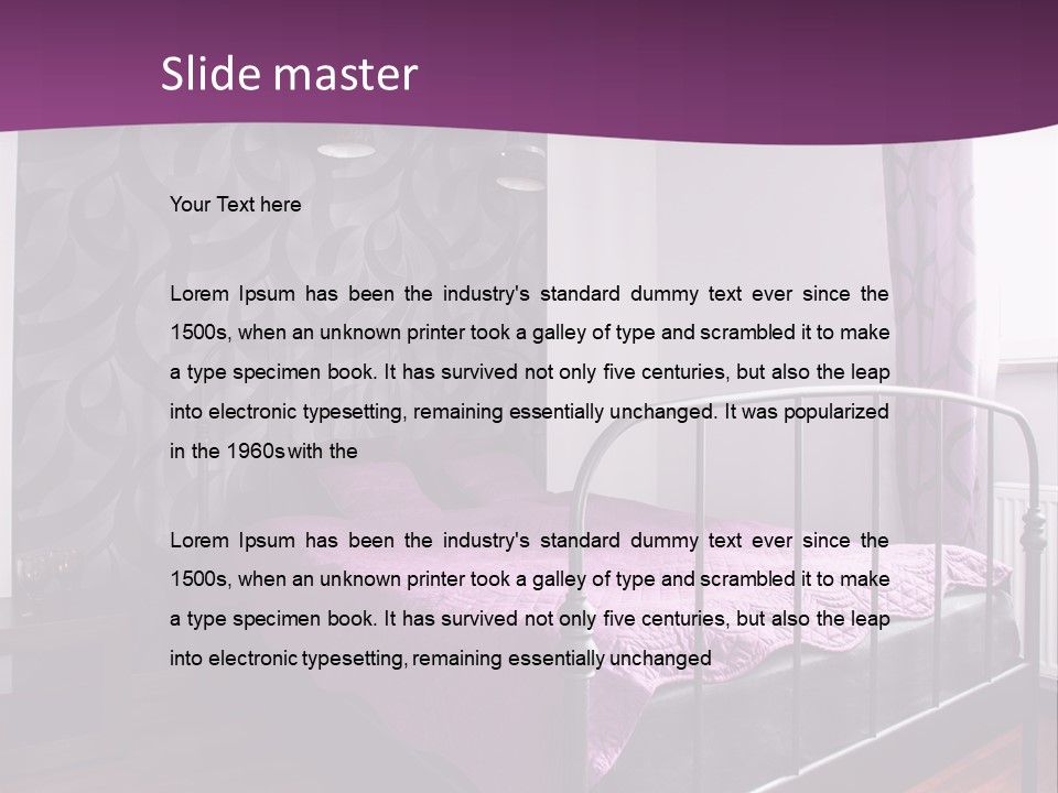 A Bedroom With A Bed And Purple Curtains PowerPoint Template