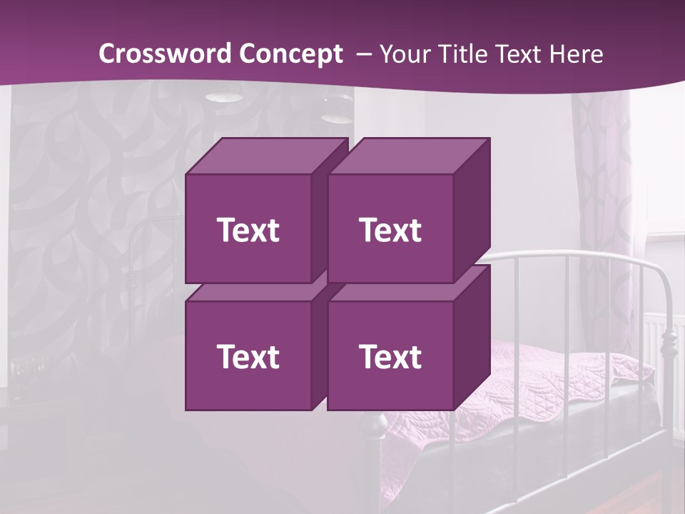 A Bedroom With A Bed And Purple Curtains PowerPoint Template
