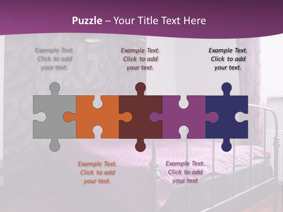 A Bedroom With A Bed And Purple Curtains PowerPoint Template