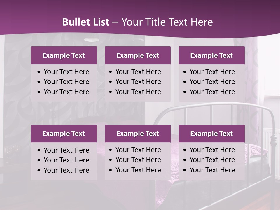 A Bedroom With A Bed And Purple Curtains PowerPoint Template