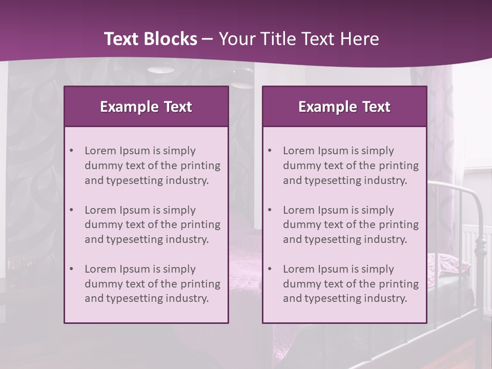 A Bedroom With A Bed And Purple Curtains PowerPoint Template