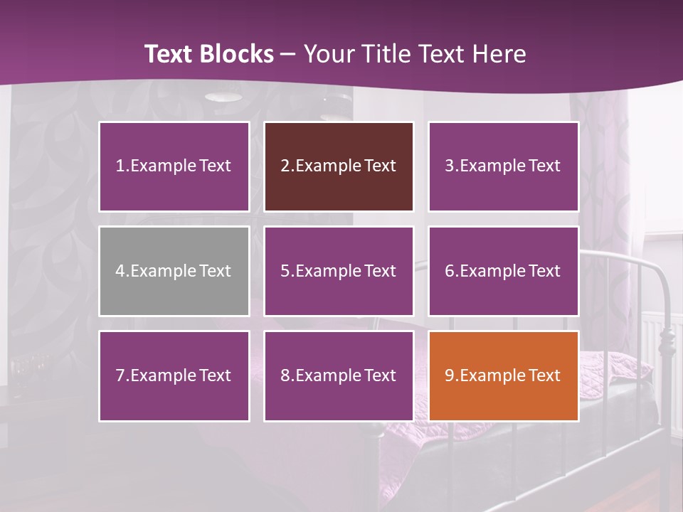 A Bedroom With A Bed And Purple Curtains PowerPoint Template