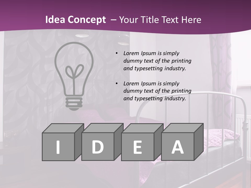 A Bedroom With A Bed And Purple Curtains PowerPoint Template