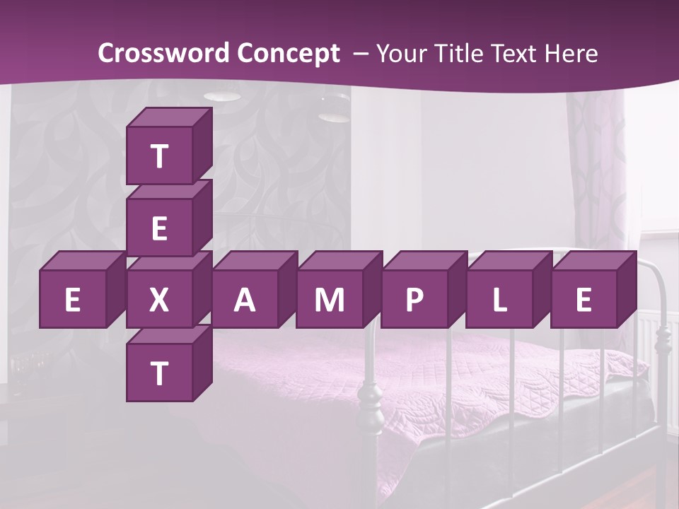 A Bedroom With A Bed And Purple Curtains PowerPoint Template