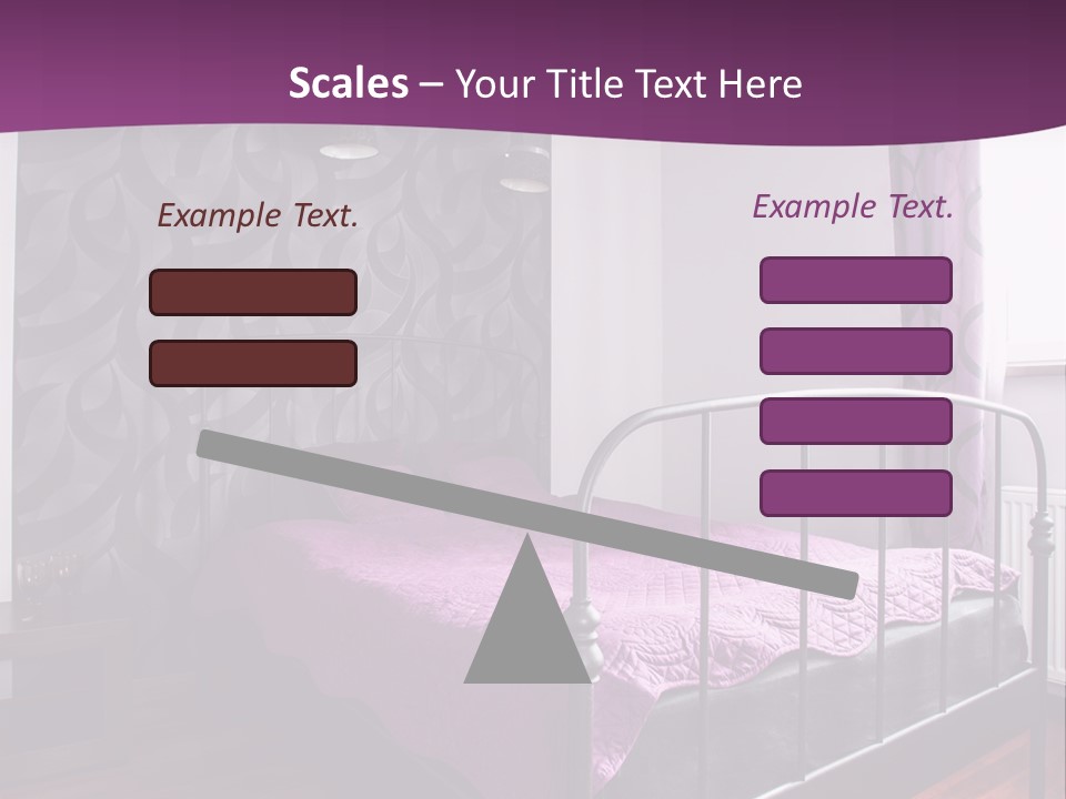 A Bedroom With A Bed And Purple Curtains PowerPoint Template