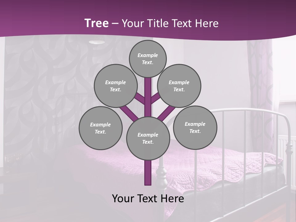 A Bedroom With A Bed And Purple Curtains PowerPoint Template