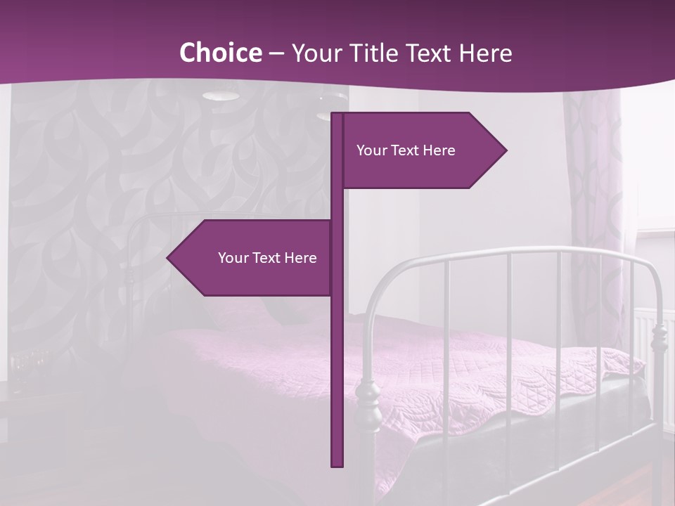 A Bedroom With A Bed And Purple Curtains PowerPoint Template