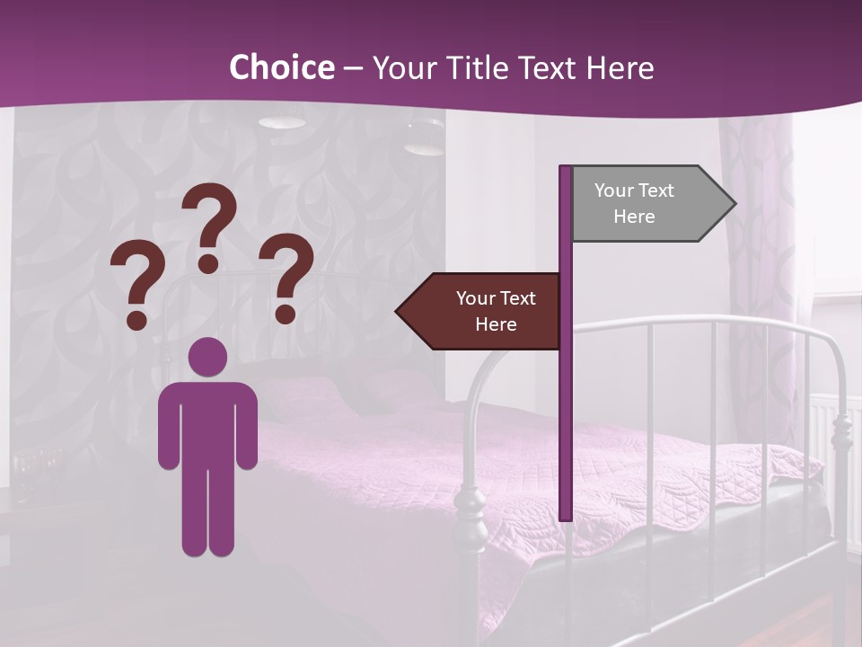 A Bedroom With A Bed And Purple Curtains PowerPoint Template