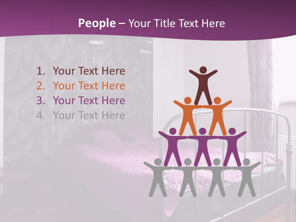 A Bedroom With A Bed And Purple Curtains PowerPoint Template