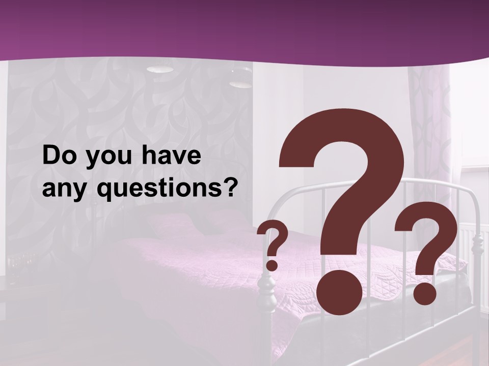 A Bedroom With A Bed And Purple Curtains PowerPoint Template