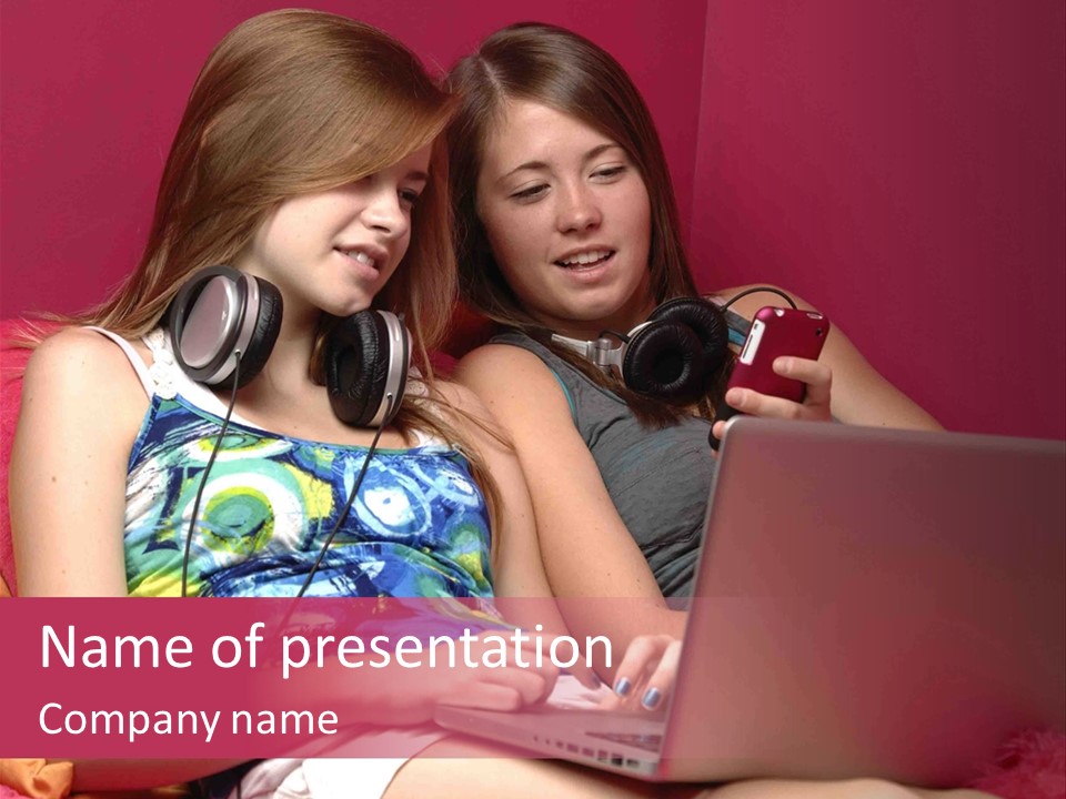 Two Girls Sitting On A Bed With Headphones On PowerPoint Template