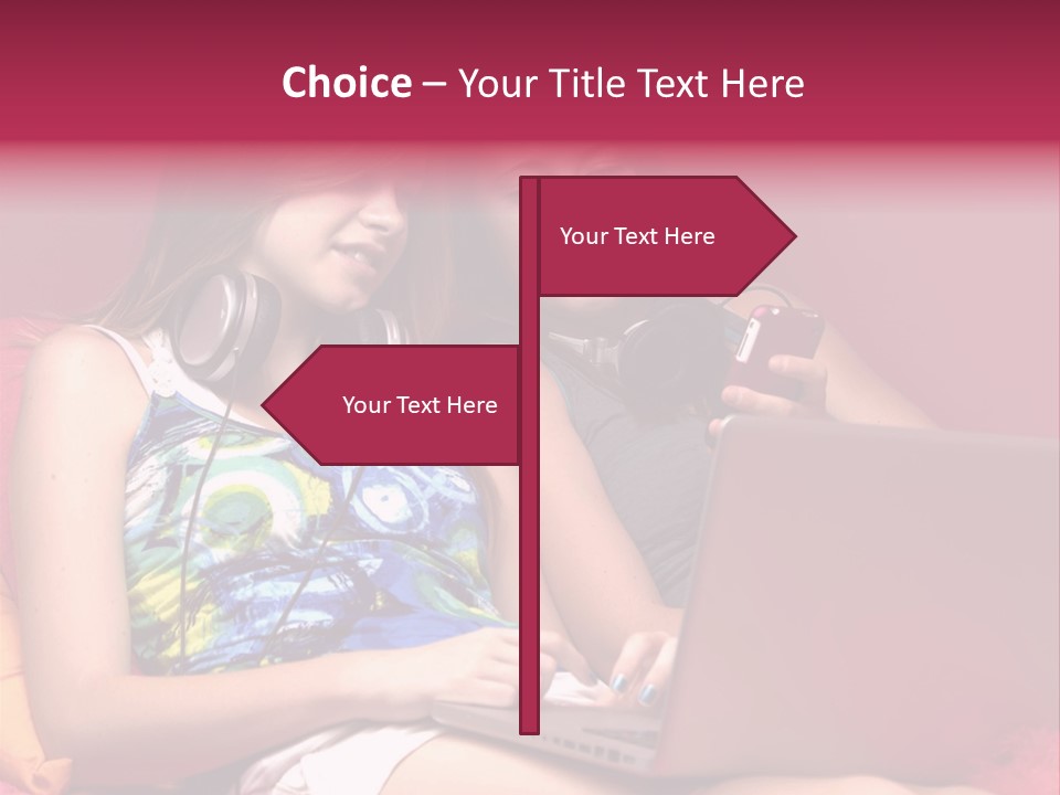 Two Girls Sitting On A Bed With Headphones On PowerPoint Template