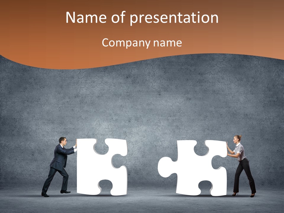 Two People Pushing Pieces Of A Puzzle Together PowerPoint Template