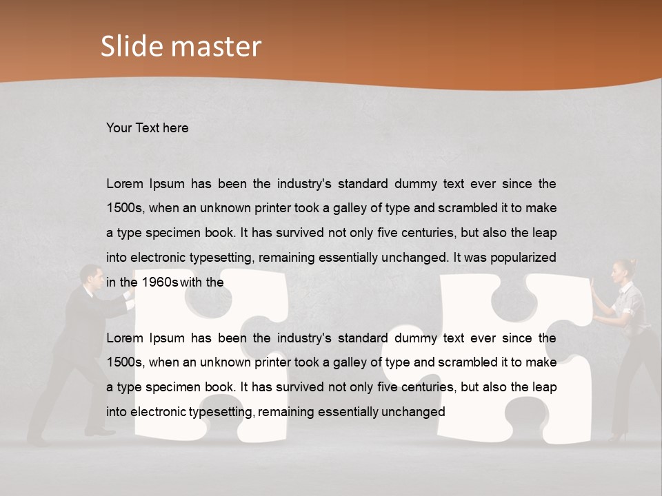 Two People Pushing Pieces Of A Puzzle Together PowerPoint Template