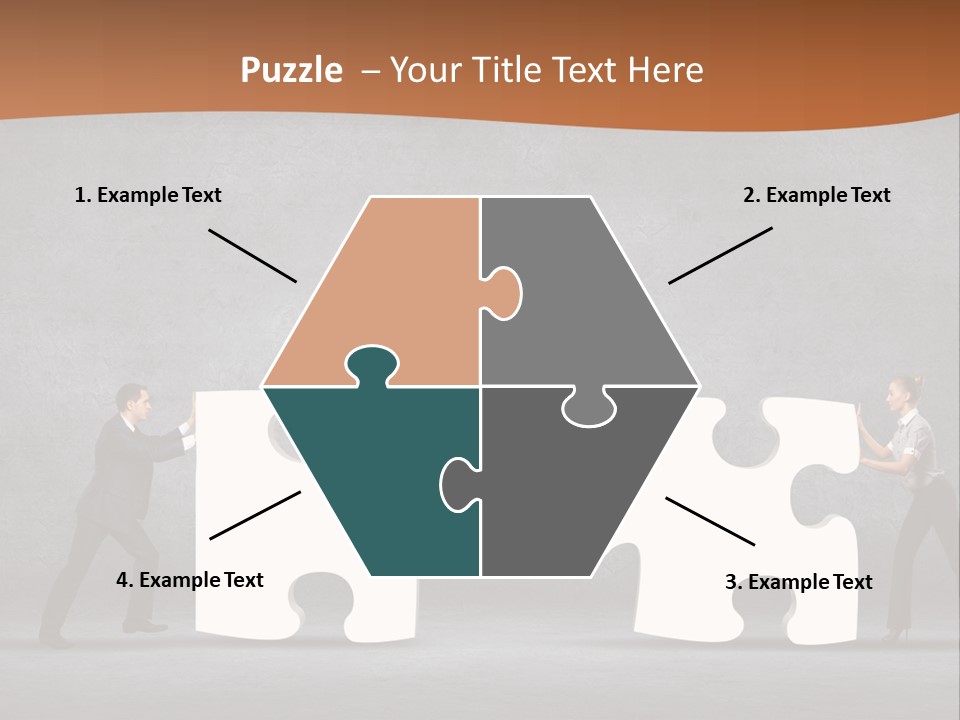 Two People Pushing Pieces Of A Puzzle Together PowerPoint Template