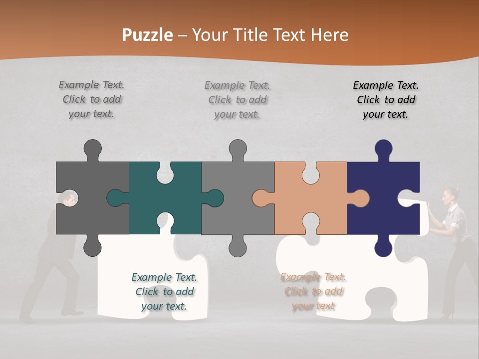 Two People Pushing Pieces Of A Puzzle Together PowerPoint Template
