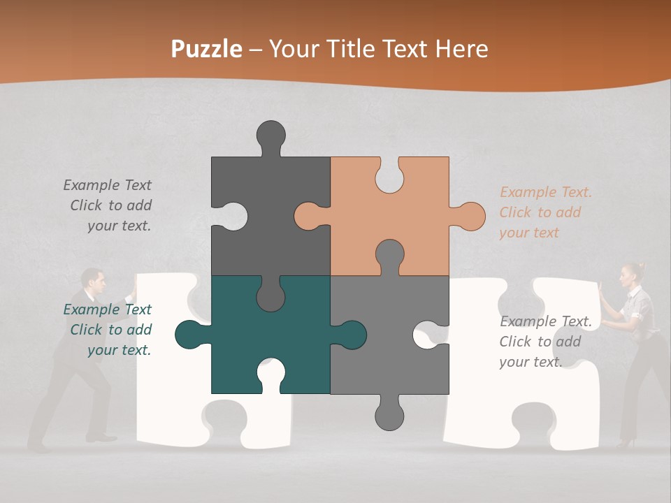 Two People Pushing Pieces Of A Puzzle Together PowerPoint Template