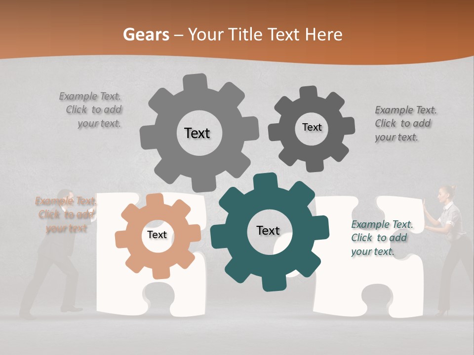 Two People Pushing Pieces Of A Puzzle Together PowerPoint Template