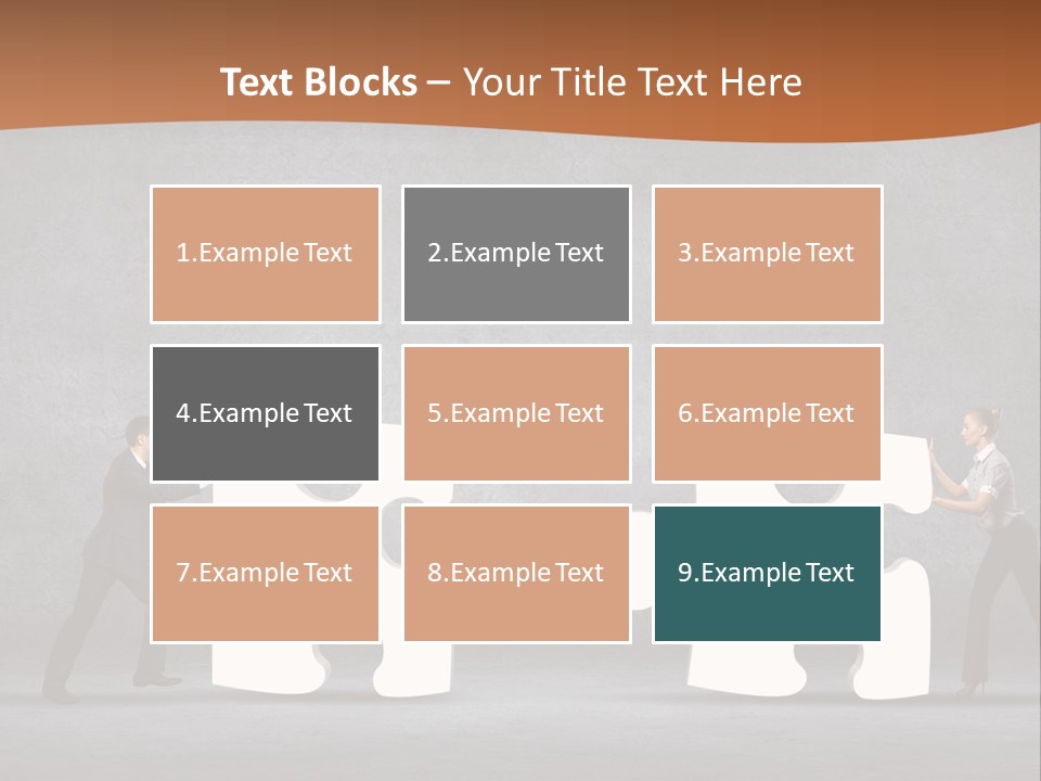 Two People Pushing Pieces Of A Puzzle Together PowerPoint Template