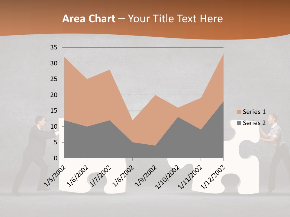 Two People Pushing Pieces Of A Puzzle Together PowerPoint Template