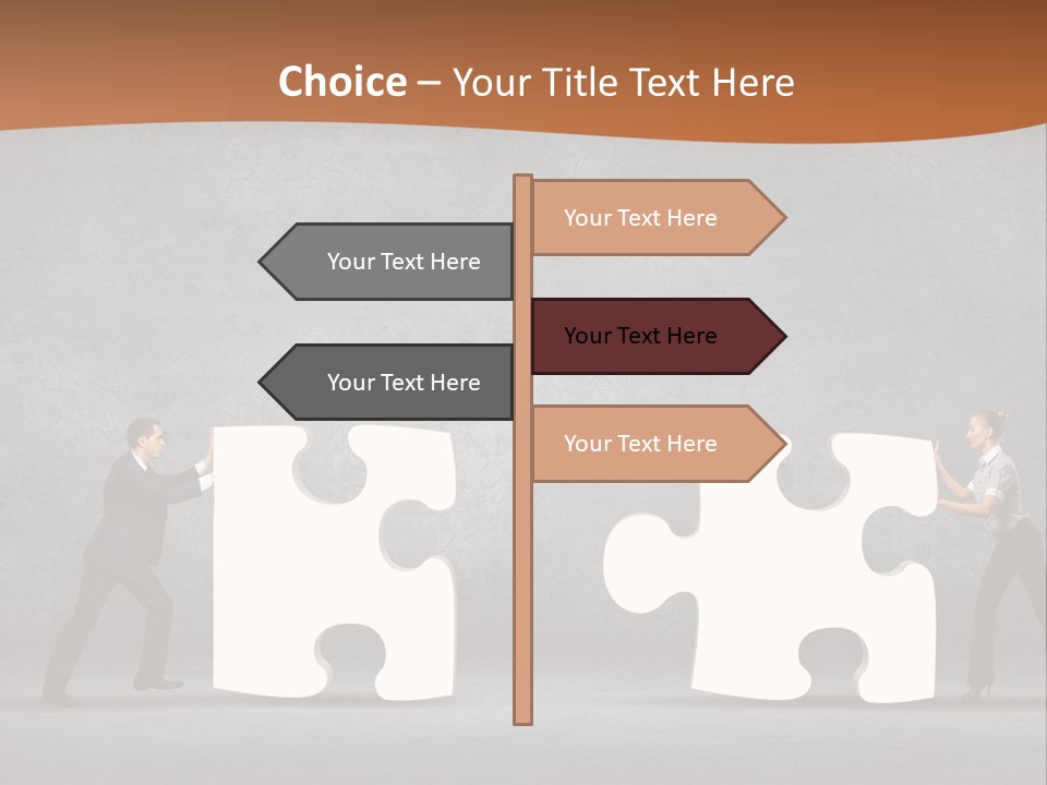 Two People Pushing Pieces Of A Puzzle Together PowerPoint Template