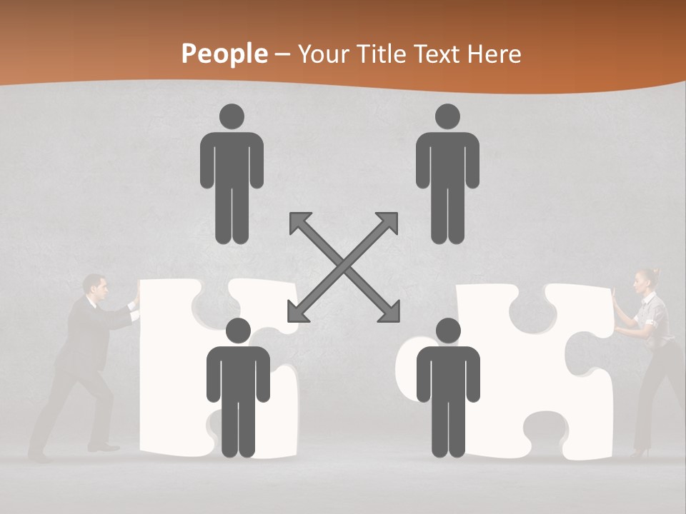 Two People Pushing Pieces Of A Puzzle Together PowerPoint Template