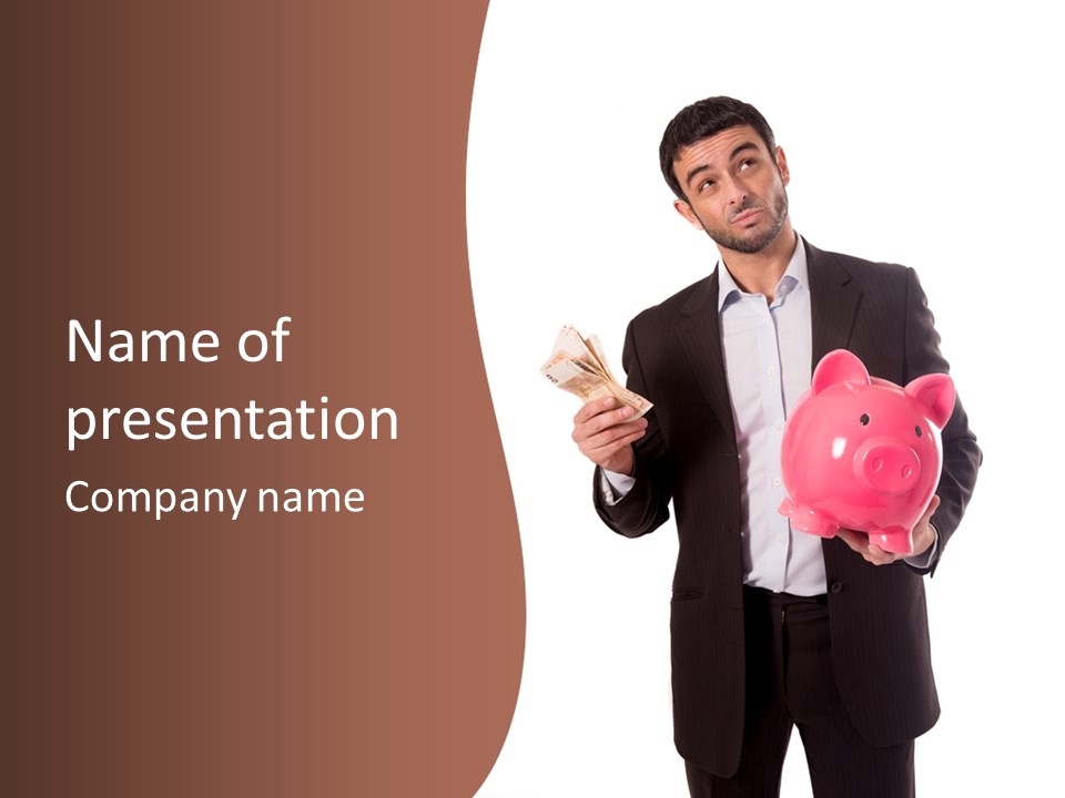 A Man In A Suit Holding A Piggy Bank PowerPoint Template