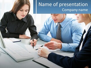 A Group Of People Sitting Around A Table With A Laptop PowerPoint Template