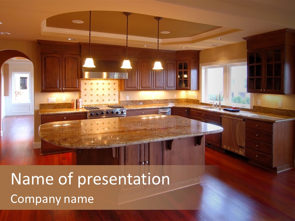 A Large Kitchen With A Center Island In The Middle Of The Room PowerPoint Template