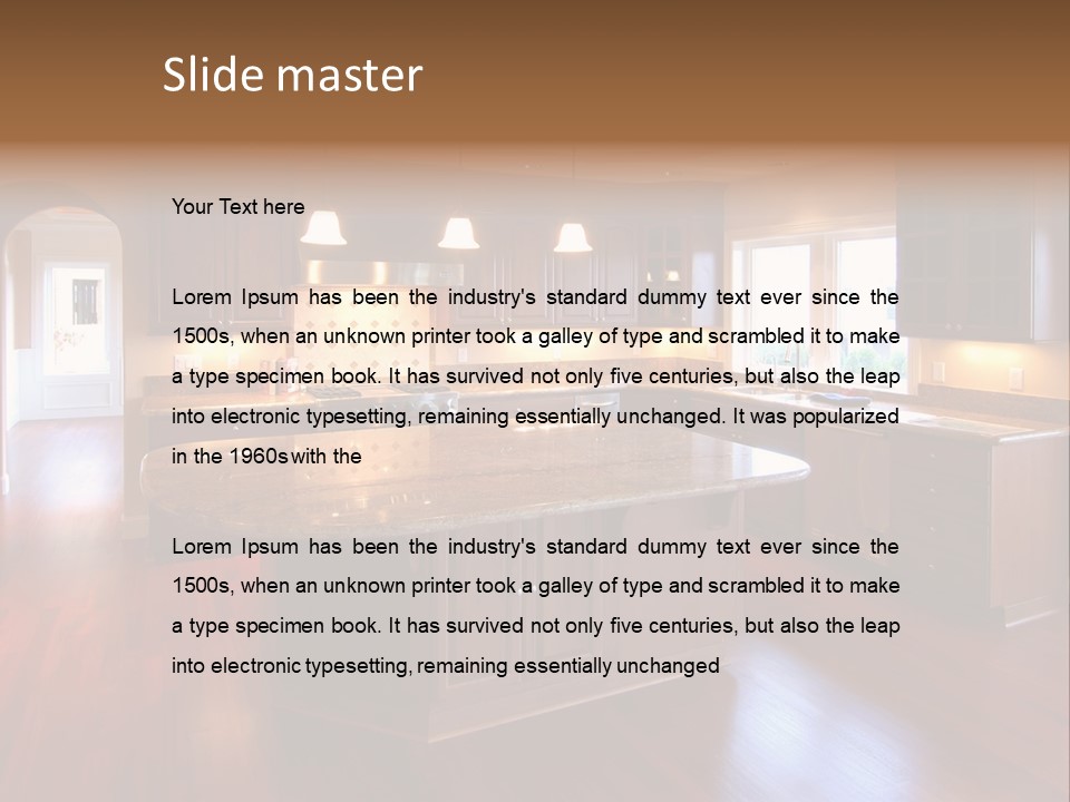 A Large Kitchen With A Center Island In The Middle Of The Room PowerPoint Template