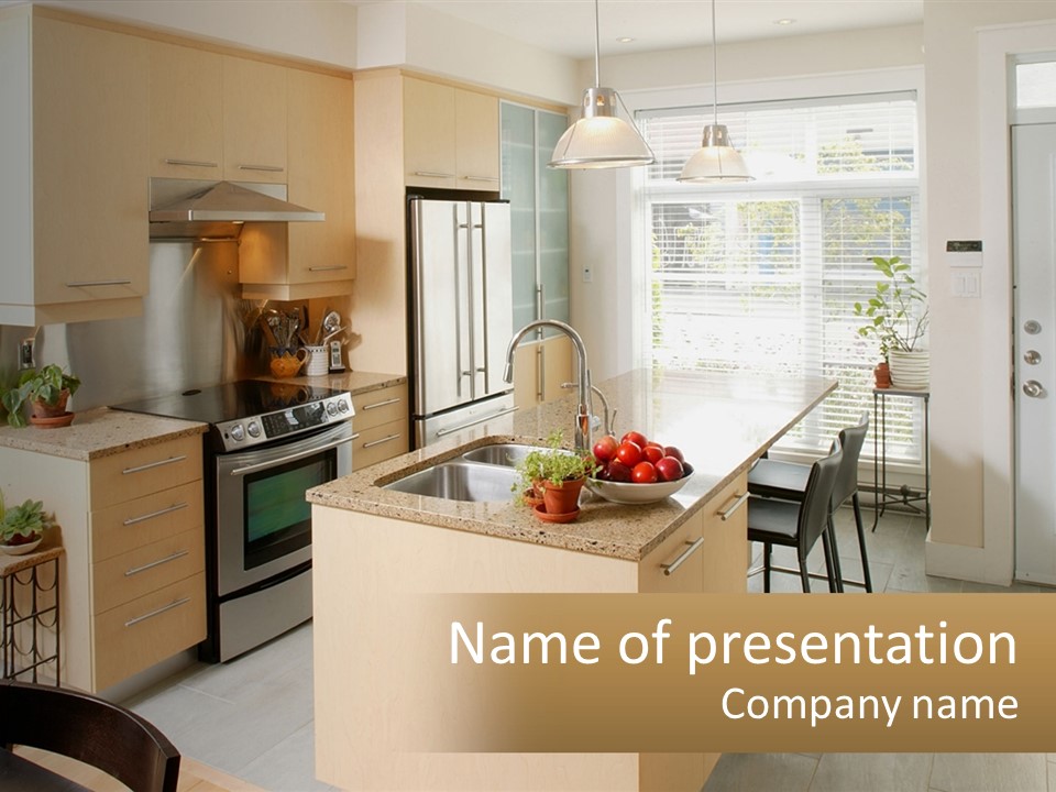 A Kitchen With A Stove Top Oven Sitting Inside Of It PowerPoint Template
