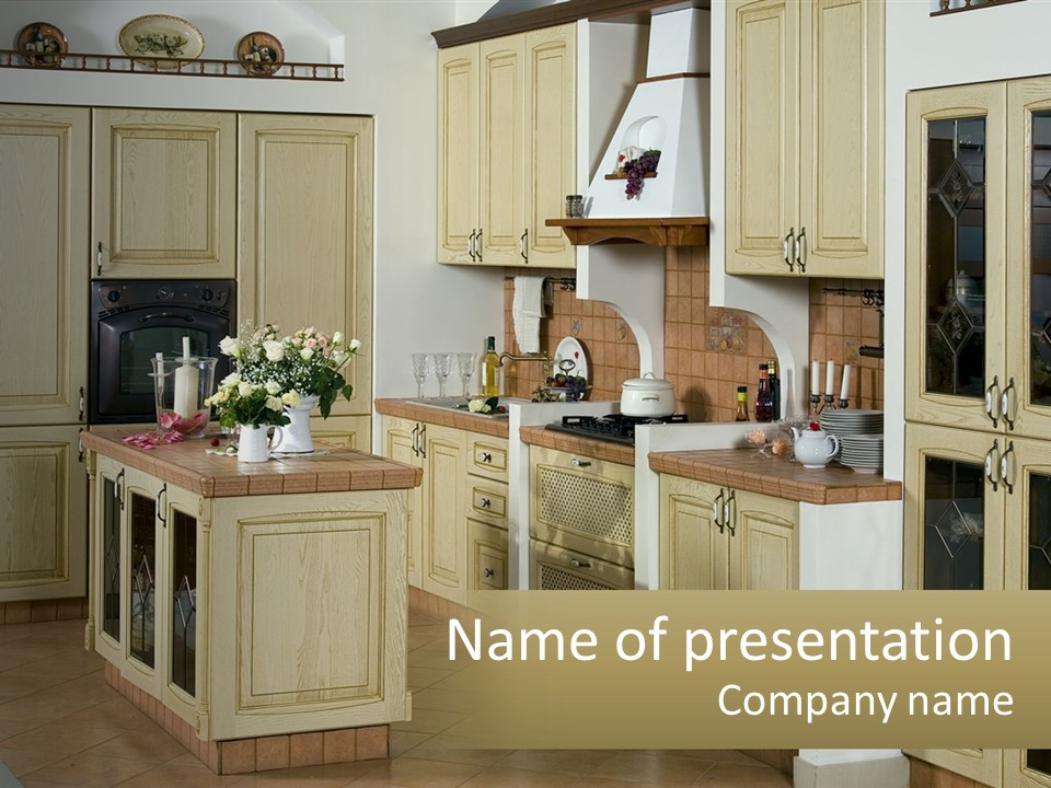A Kitchen Filled With Lots Of Wooden Cabinets PowerPoint Template