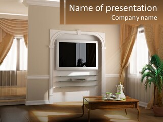A Living Room With A Table And A Tv PowerPoint Template