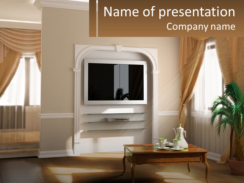 A Living Room With A Table And A Tv PowerPoint Template