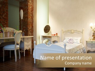 A Bedroom With A Bed, Desk, And Chairs PowerPoint Template