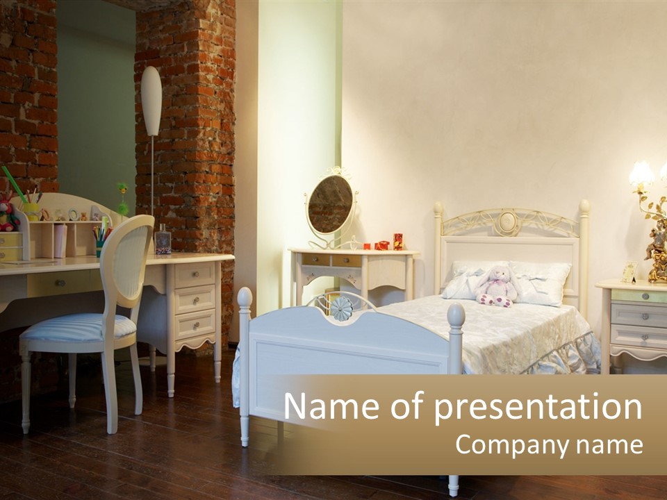 A Bedroom With A Bed, Desk, And Chairs PowerPoint Template