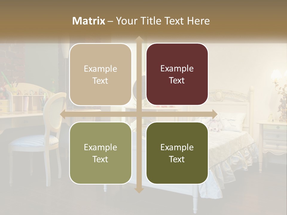 A Bedroom With A Bed, Desk, And Chairs PowerPoint Template