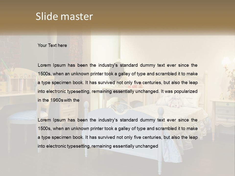 A Bedroom With A Bed, Desk, And Chairs PowerPoint Template